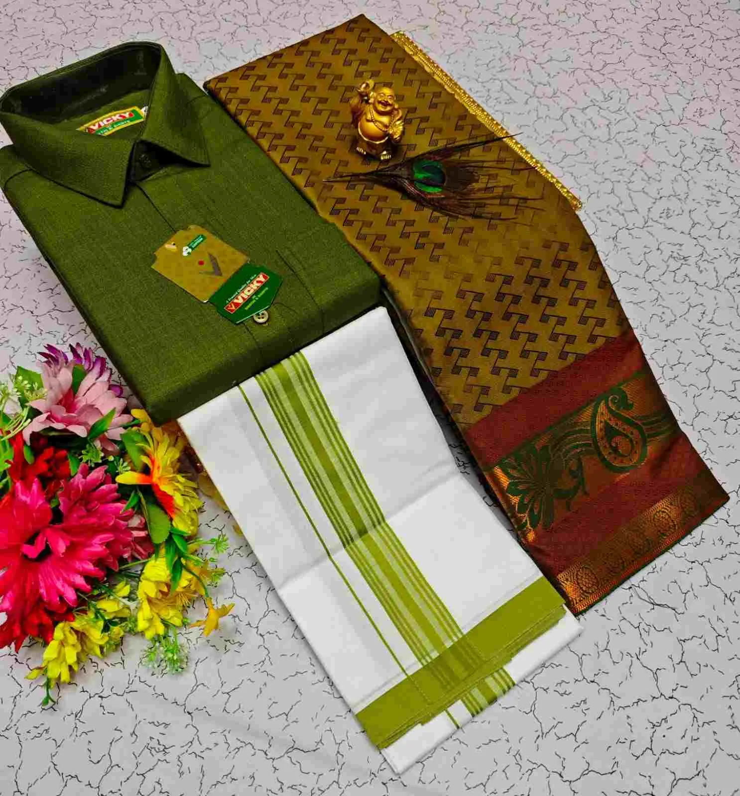Olive Green & Mustard Gold Contrast Kubera Silk Couple Combo